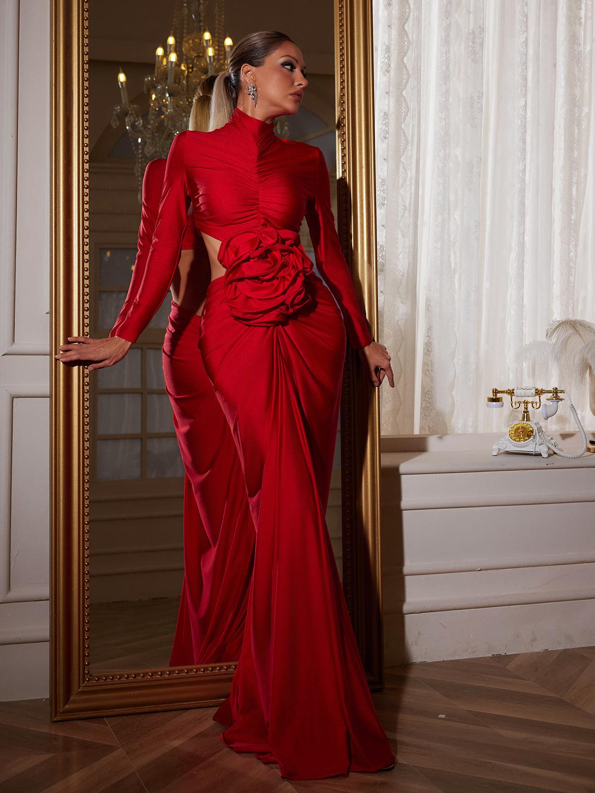 【YOURNUS】Suki Rouge Long Sleeve Renwick Long Sleeve Flower Cutout Maxi Dress In Red – Mew Mews