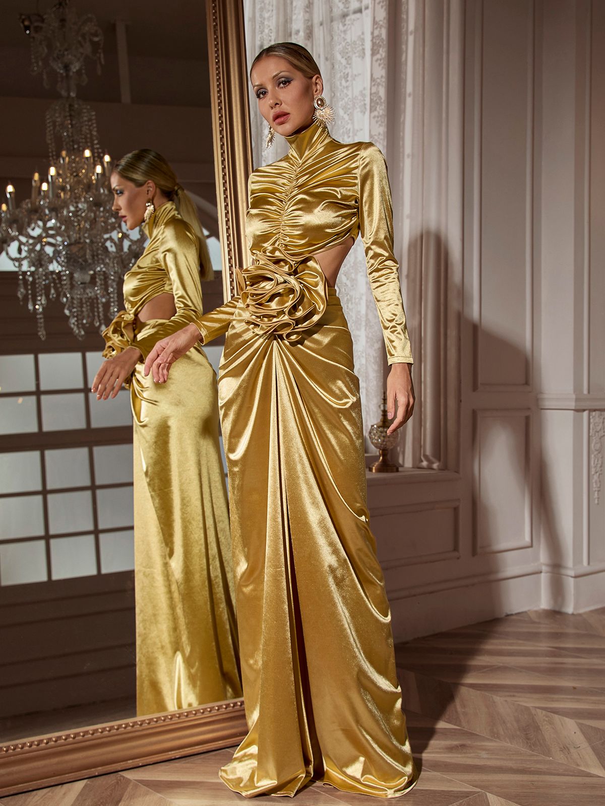 Renwick Long Sleeve Flower Cutout Maxi Dress In Gold – Mew Mews