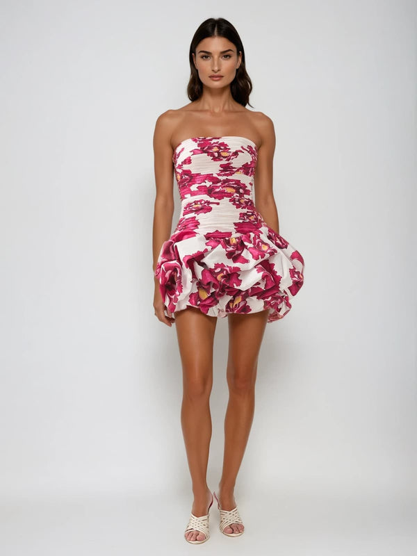 Rexmir Strapless Floral Bubble Mini Dress In Poppy