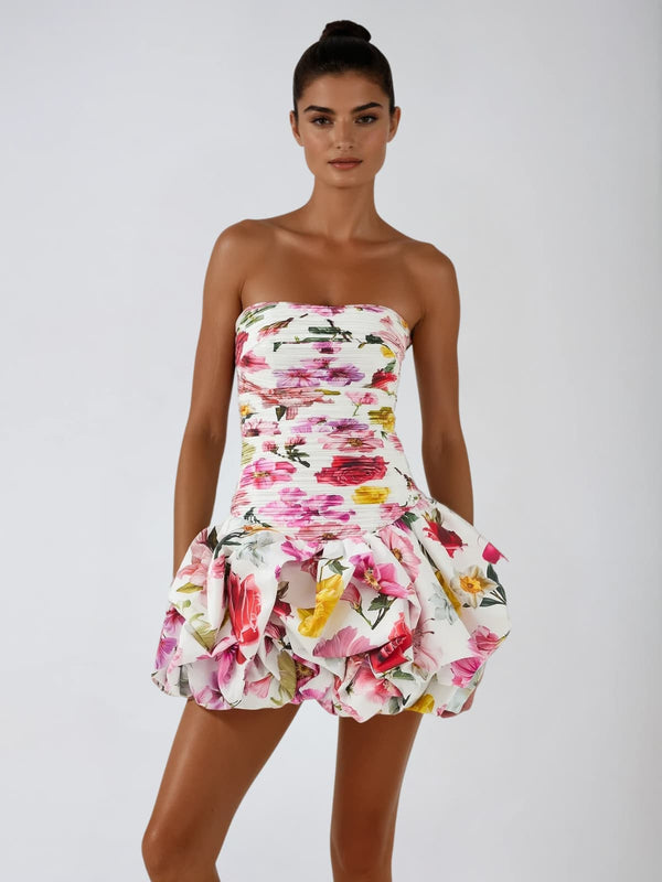 Rexmir Strapless Floral Bubble Mini Dress In Rose
