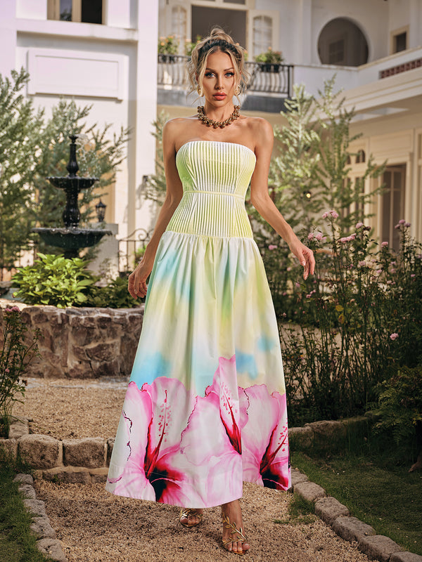 Rhodey Strapless Floral Pleated Maxi Dress