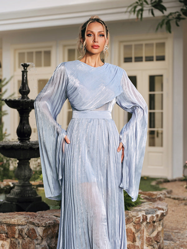 Rhory Long Sleeve Pleated Dress In Blue