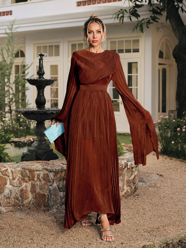 Rhory Long Sleeve Pleated Dress In Brown