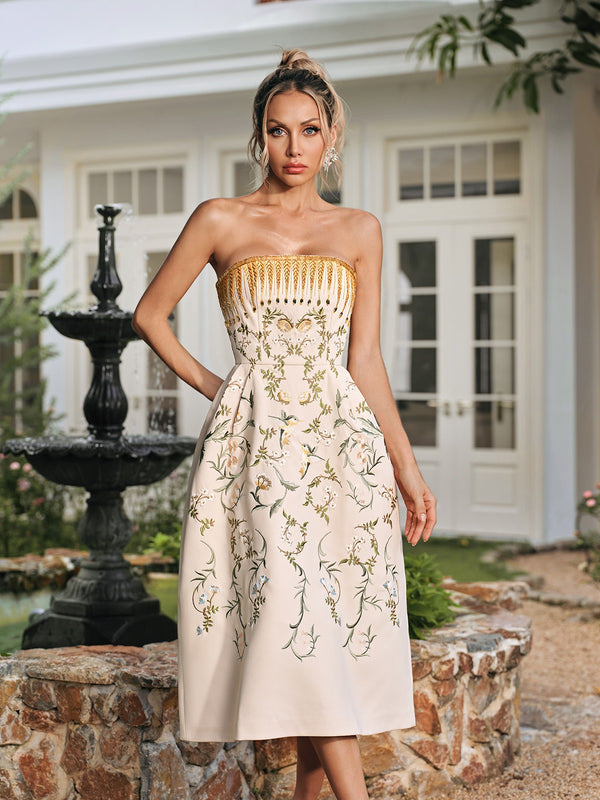 Rhoslyn Strapless Embroidered Midi Dress