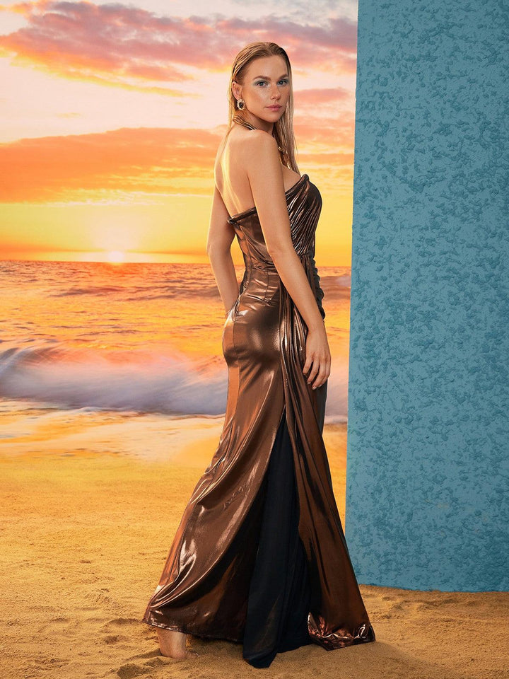 Rina Strapless Metallic Draped Maxi Dress - Mew Mews