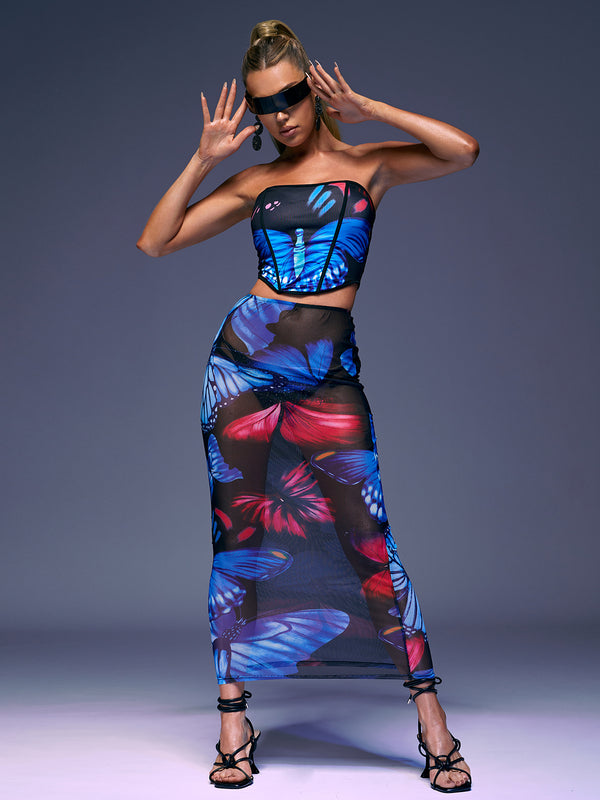 Riya Strapless Butterfly Printed Skirt Set