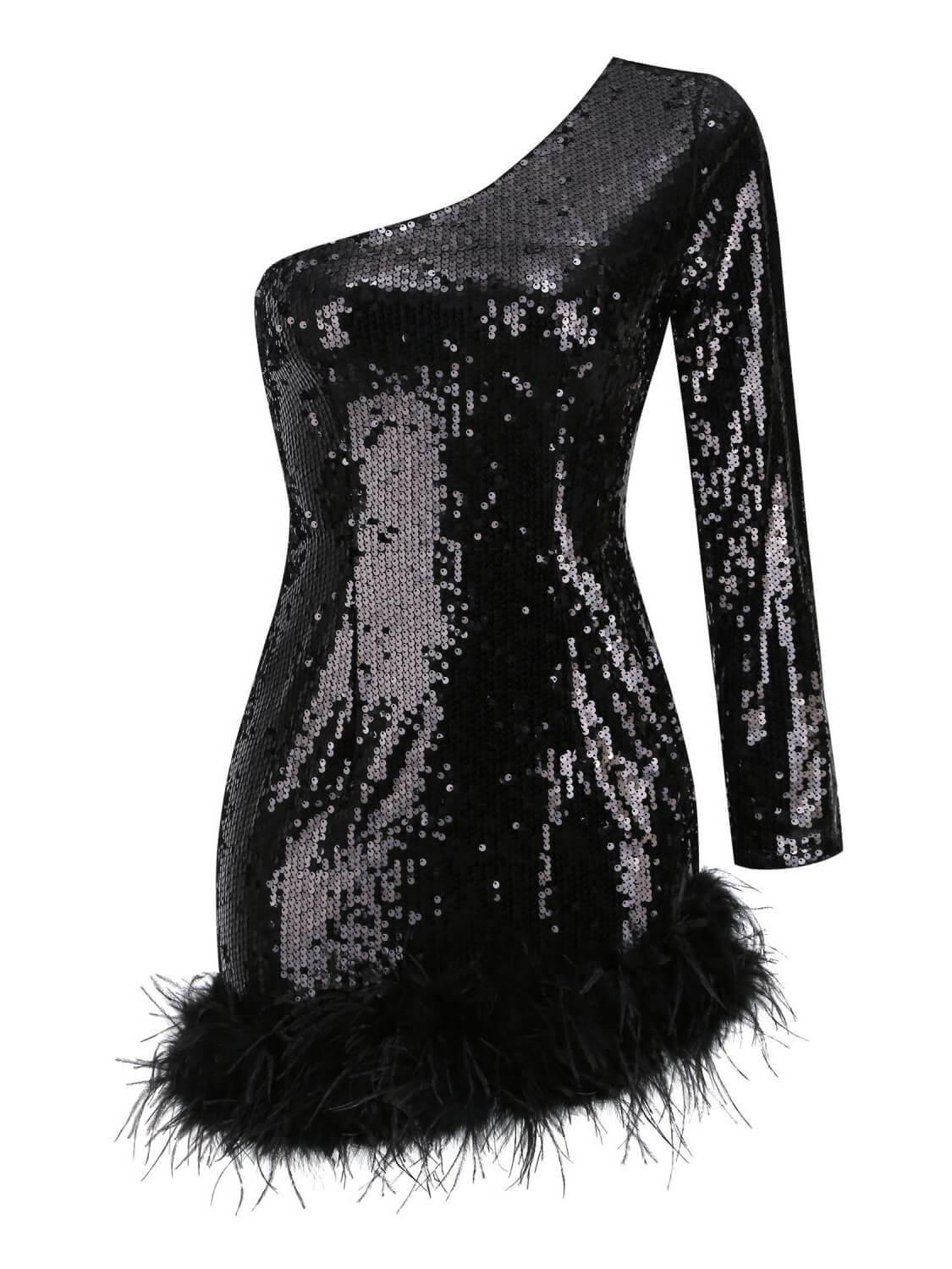 Romy One Shoulder Sequin Feather Mini Dress – Mew Mews