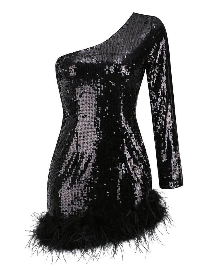 Romy One Shoulder Sequin Feather Mini Dress - Mew Mews