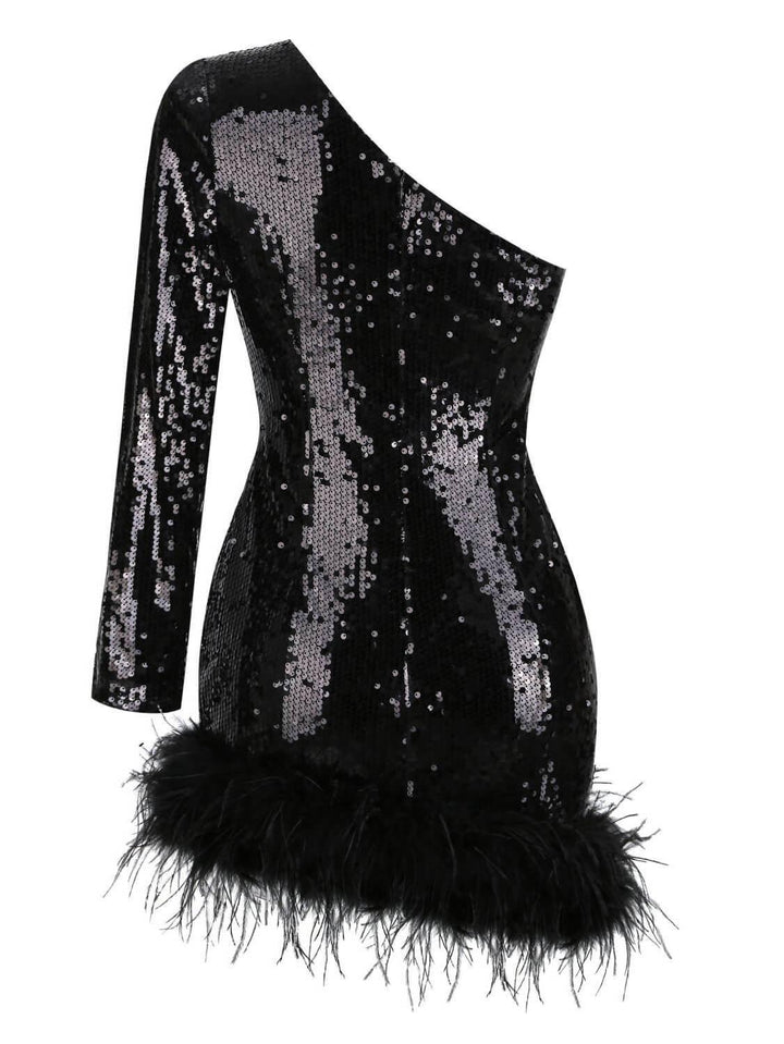 Romy One Shoulder Sequin Feather Mini Dress - Mew Mews