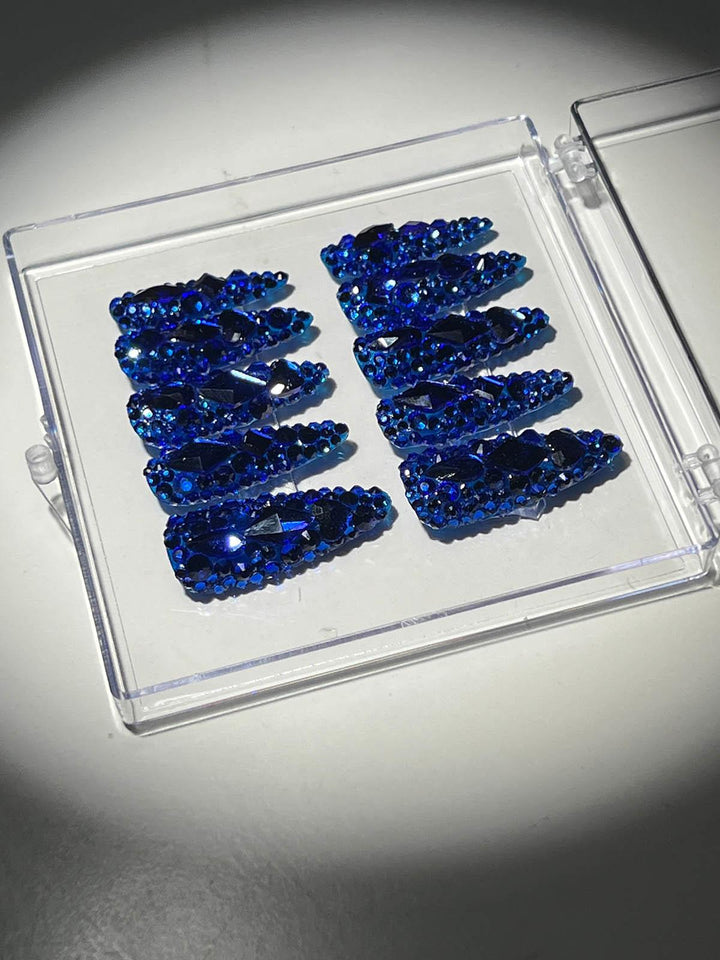 Royal Blue Crystal Stilleto Handmade Press On Nails - Mew Mews