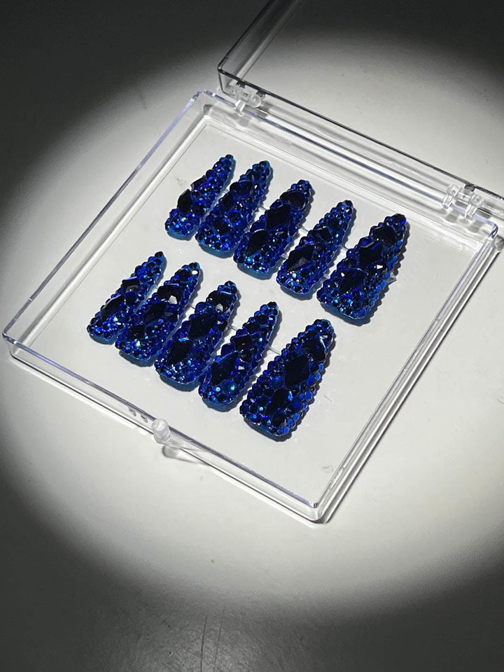 Royal Blue Crystal Stilleto Handmade Press On Nails - Mew Mews