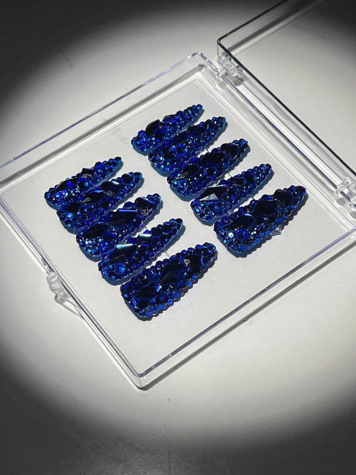 Royal Blue Crystal Stilleto Handmade Press On Nails - Mew Mews