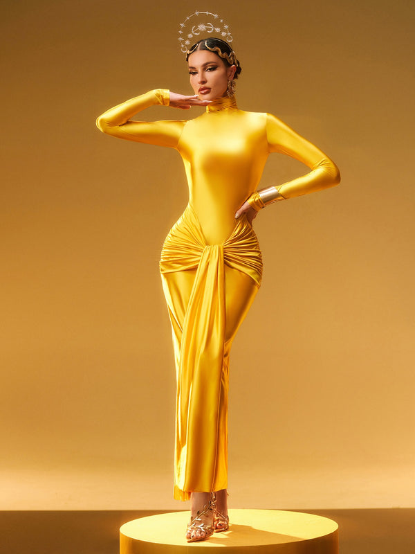 Rumaysa Long Sleeve Twisted Maxi Dress In Gold