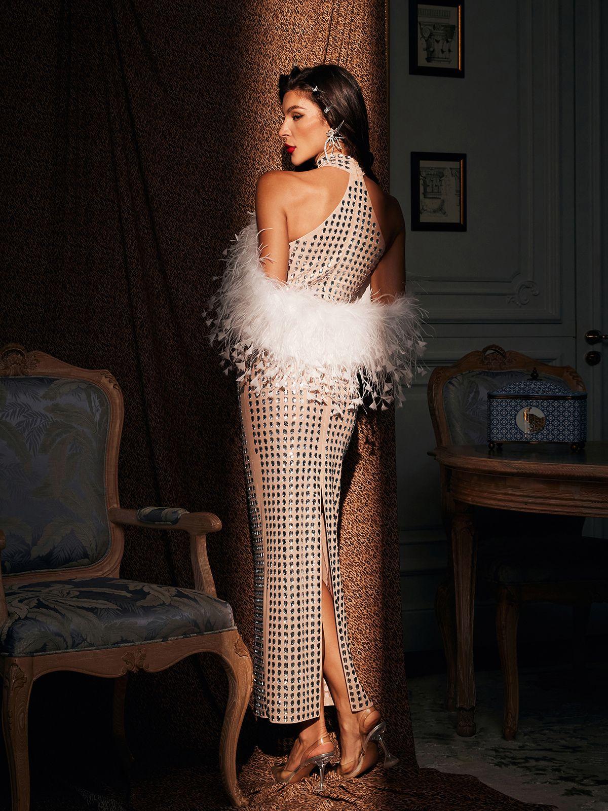 Russell Halterneck Rhinestone Feather Maxi Dress – Mew Mews