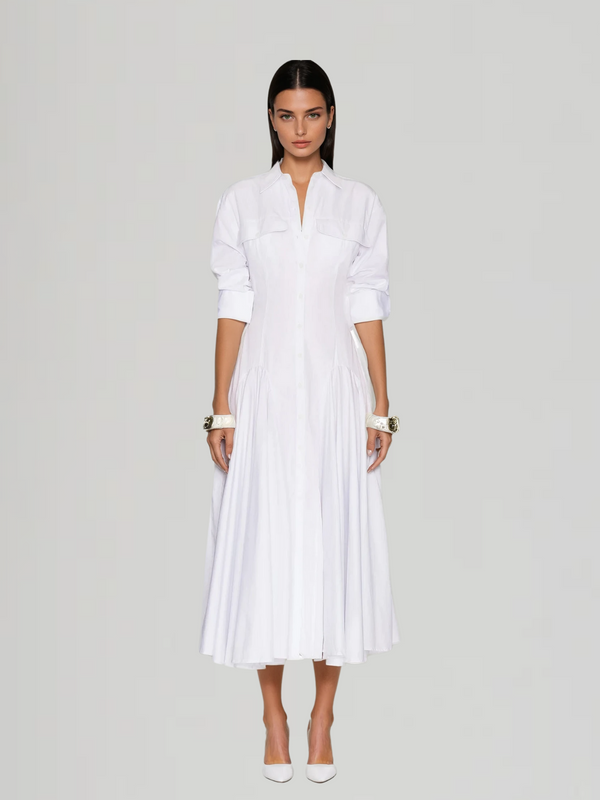 Ryxra Folded Collar Button Up Midi Dress