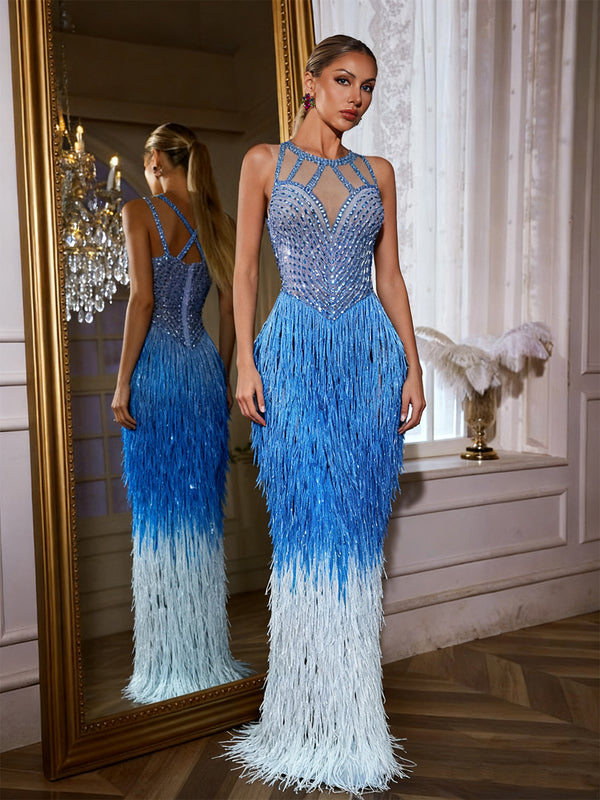 Saelyvira Fringe Rhinestone Maxi Dress In Blue
