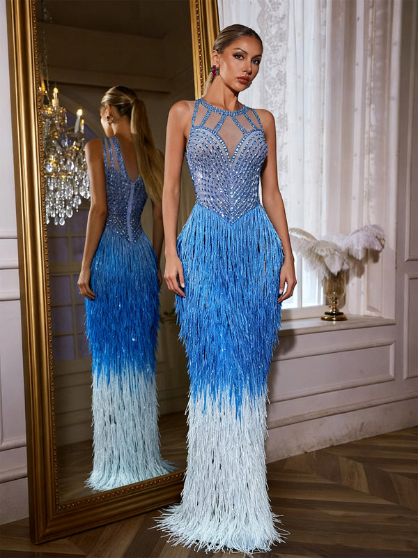 Saelyvira Fringe Rhinestone Maxi Dress In Blue