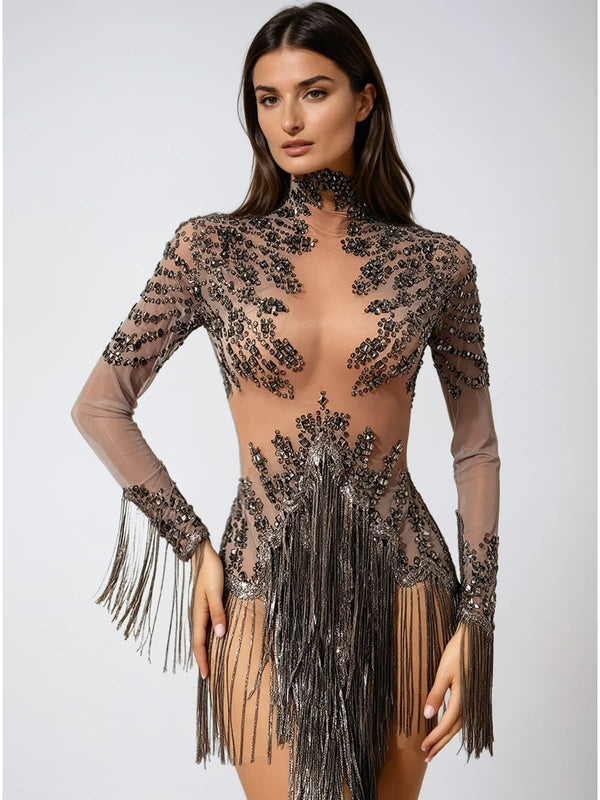 Saeris High Neck Fringe Rhinestone Bodysuit