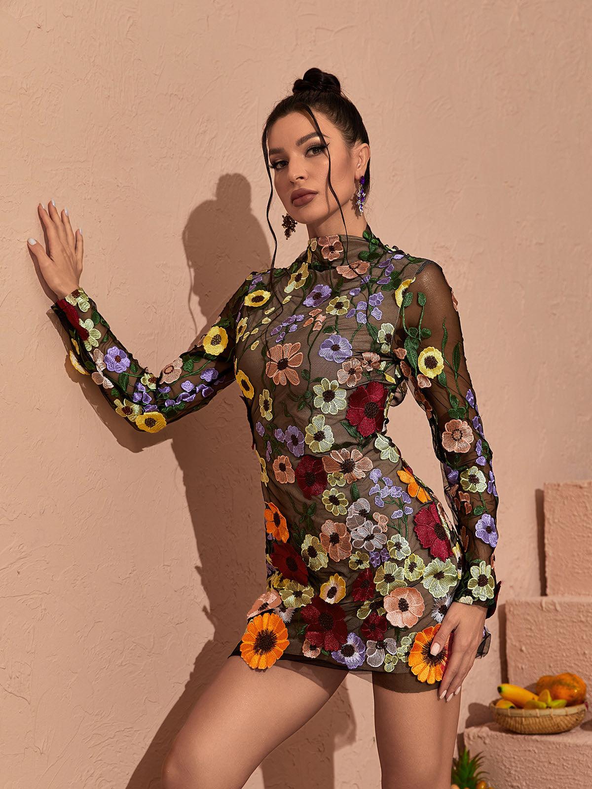 Mew Mews Saige Long Sleeve Mesh Flower Mini Dress In Black Mew Mews Saige Long Sleeve Mesh Flower Mini Dress In Black