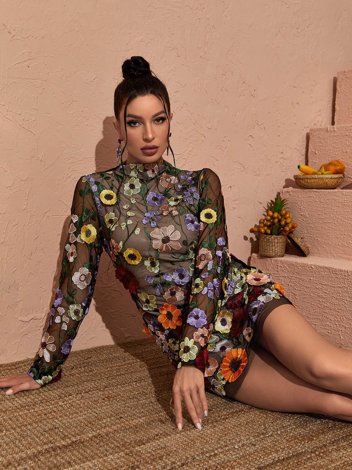Mew Mews Saige Long Sleeve Mesh Flower Mini Dress in Black