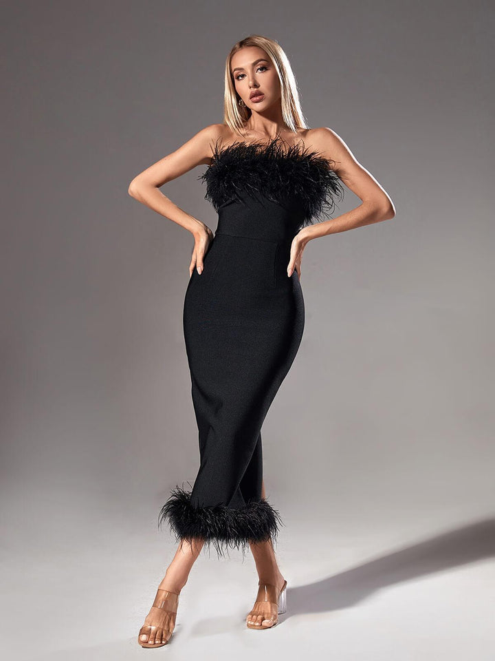 Salome Strapless Feather Trimmed Bandage Dress In Black - Mew Mews