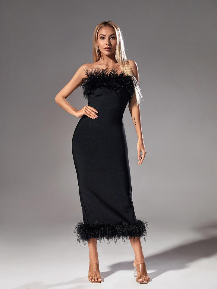 Salome Strapless Feather Trimmed Bandage Dress In Black - Mew Mews