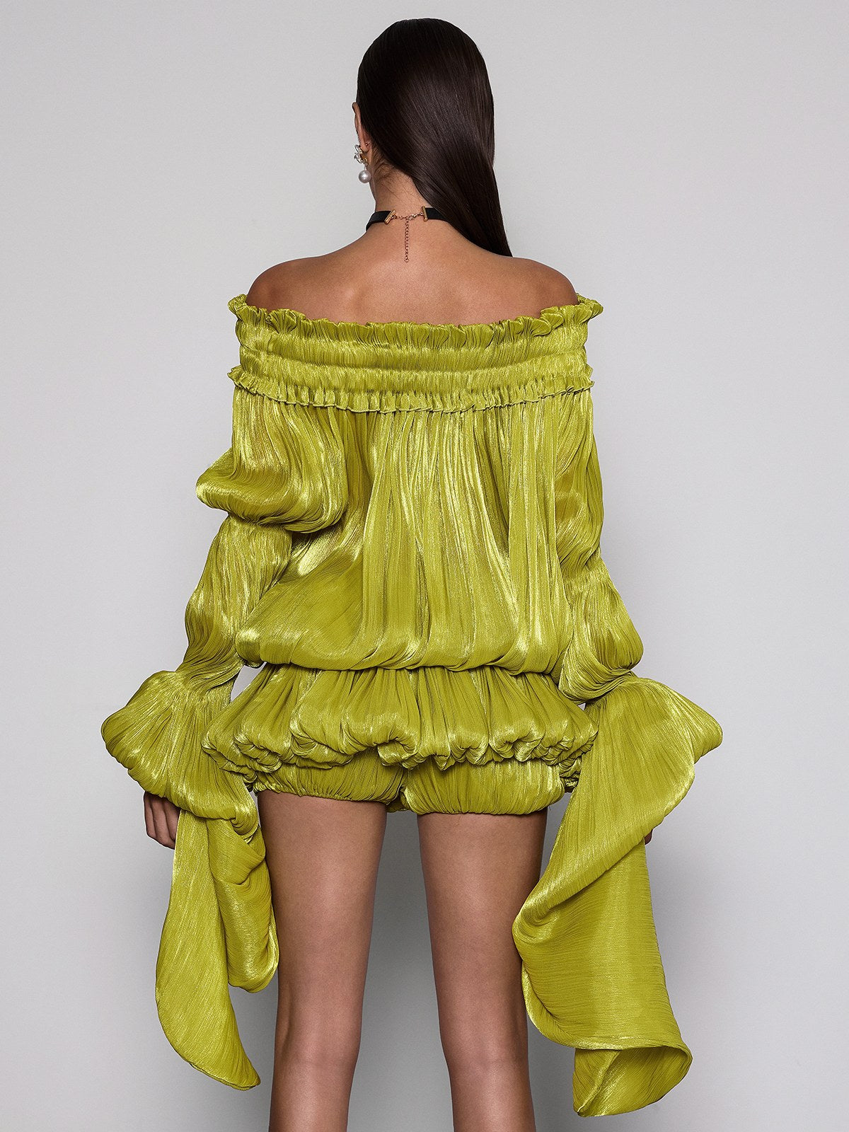 lime green off the shoulder dress Sexy Lime Green Off-shoulder Sweetheart Ruffle Side-slit A-line Long P –  SposaBridal main image 0