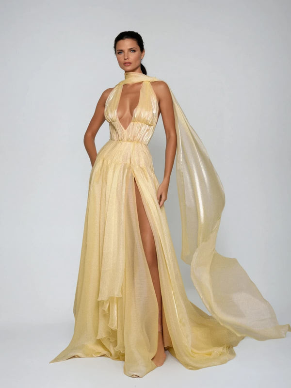 Sanvi Ruched Split Scarf Maxi Dress