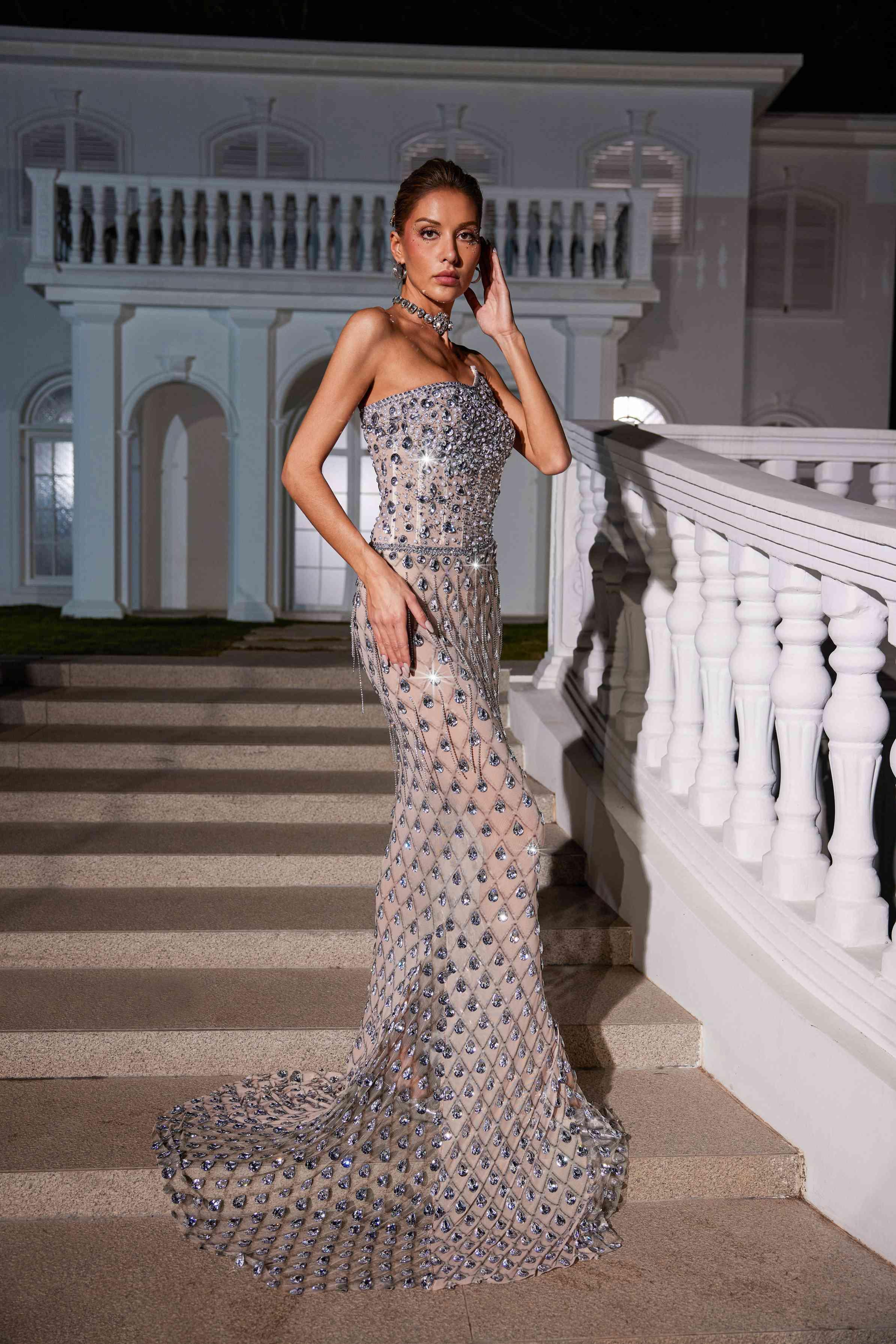 Mew Mews Sean Strapless Rhinestone Mesh Maxi Dress