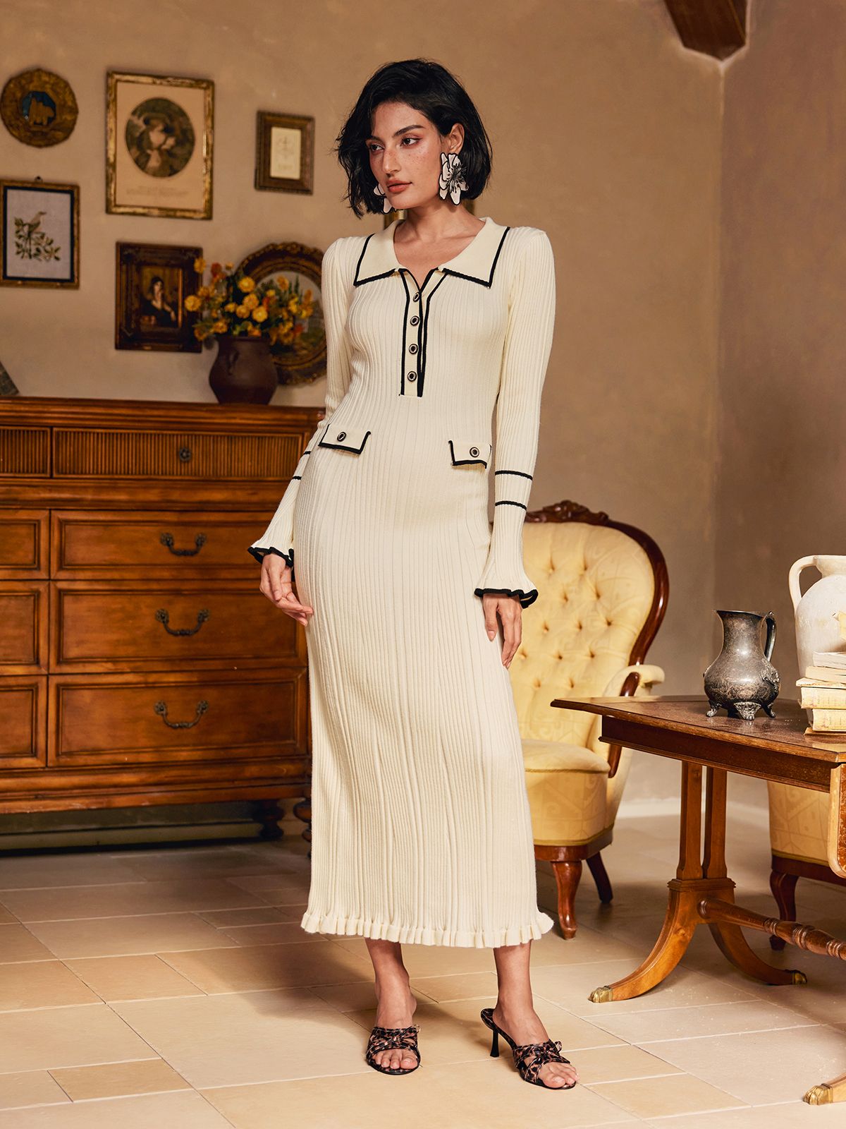 Shalita Long Sleeve Ruffle Button Knitted Midi Dress In Apricot – Mew Mews