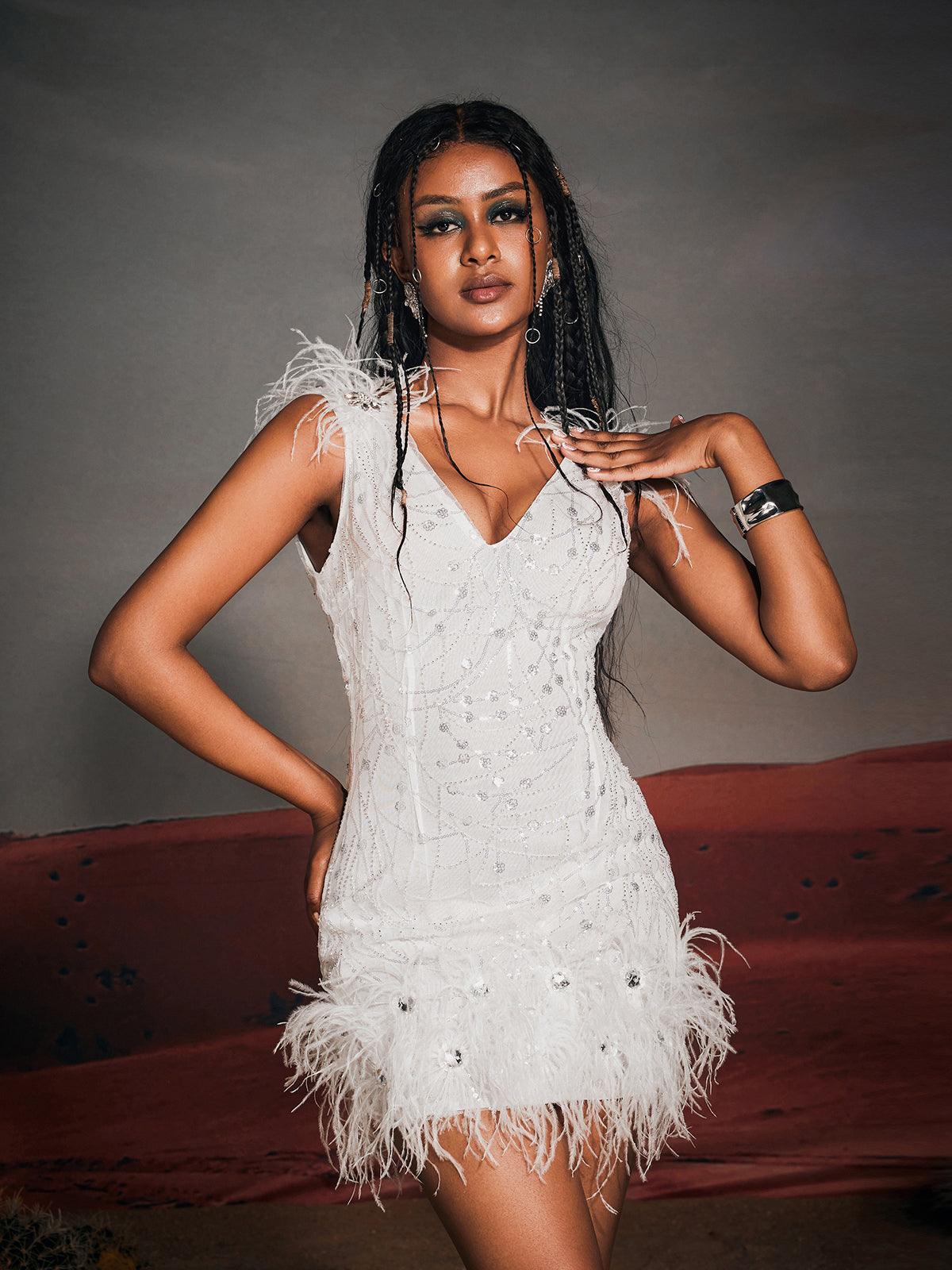 Shaquille Sequin Feather Mini Dress – Mew Mews Shaquille Sequin Feather Mini Dress – Mew Mews