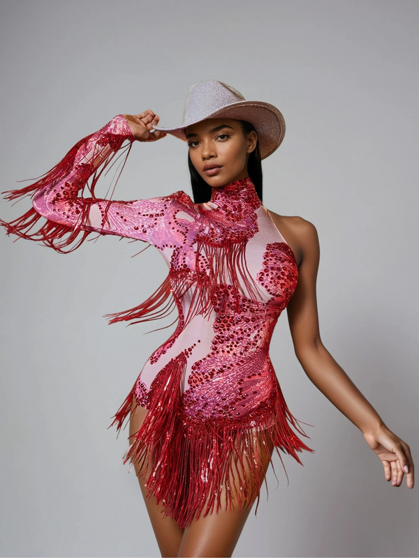 Shatora One Shoulder Rhinestone Fringe Bodysuit In Red