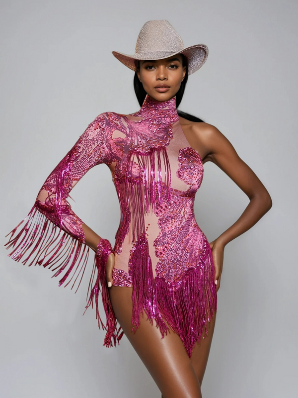 Shatora One Shoulder Rhinestone Fringe Bodysuit In Hot Pink