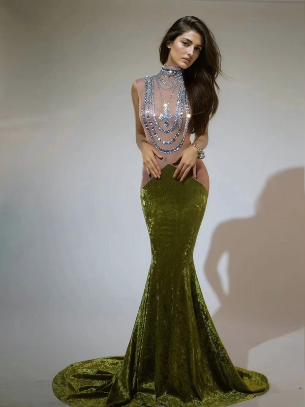 Shelyn Rhinestone Velvet Mermaid Maxi Dress