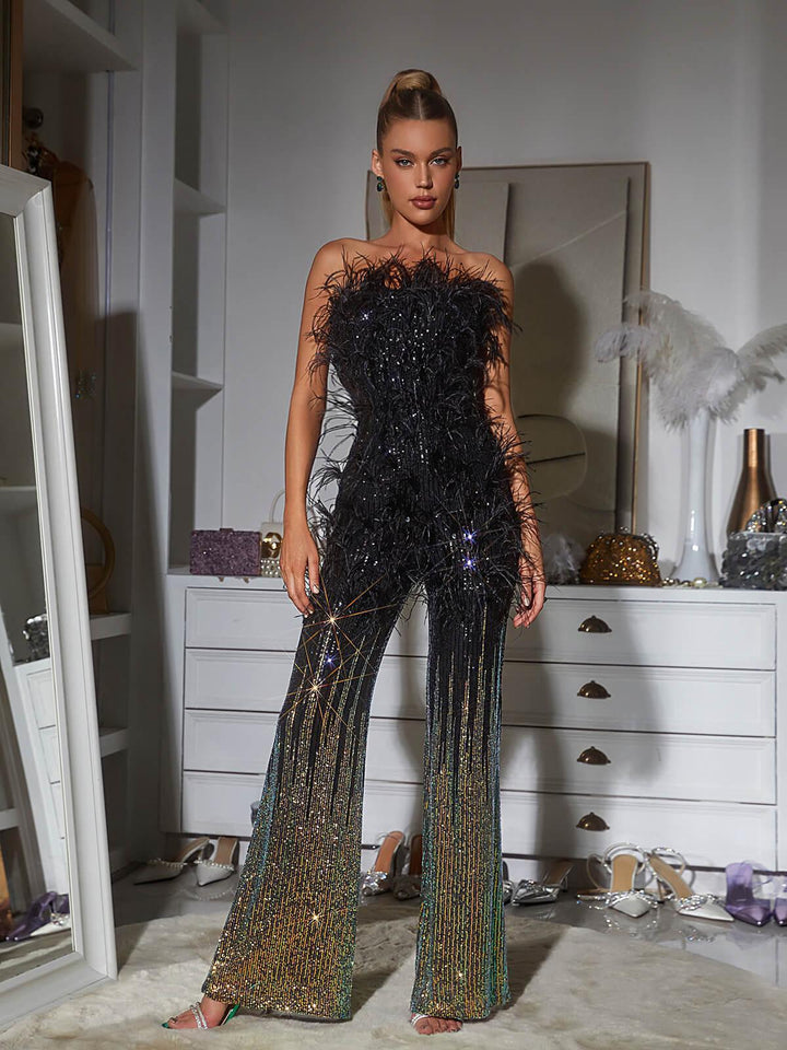 Shiva Ombre Feather Sequin Jumpsuit - Mew Mews