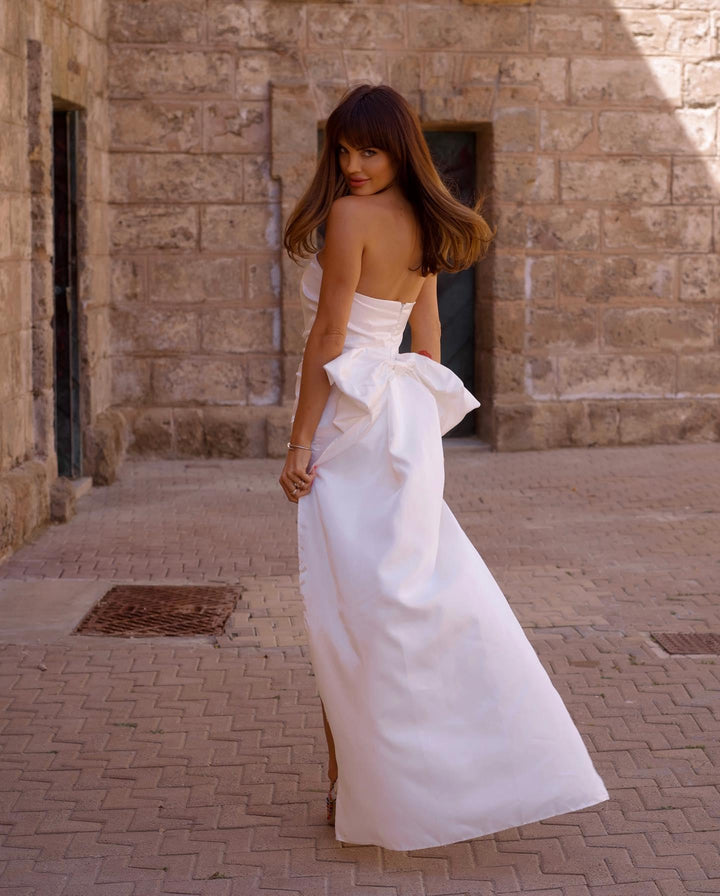 Siobhan Strapless Bow Ruched Mini Dress In White - Mew Mews Fashion