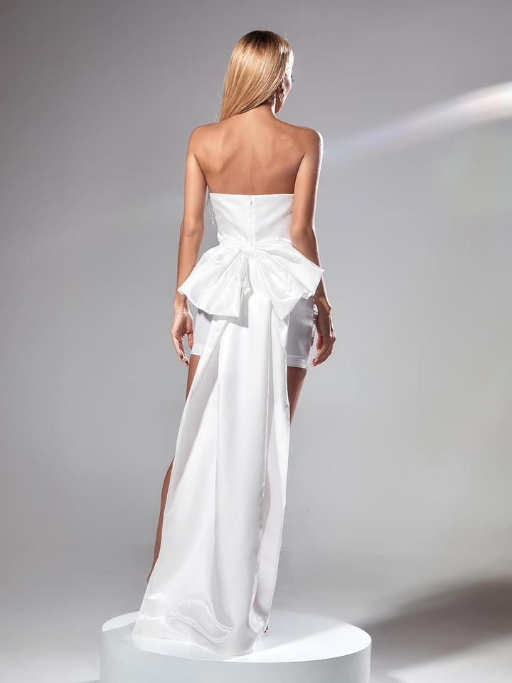 Siobhan Strapless Bow Ruched Mini Dress In White - Mew Mews Fashion