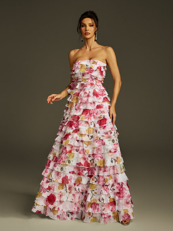 Solum Strapless Tiered Floral Maxi Dress