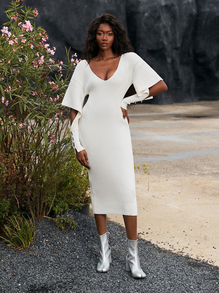 Suri V Neck Hollow Knitted Dress In White - Mew Mews