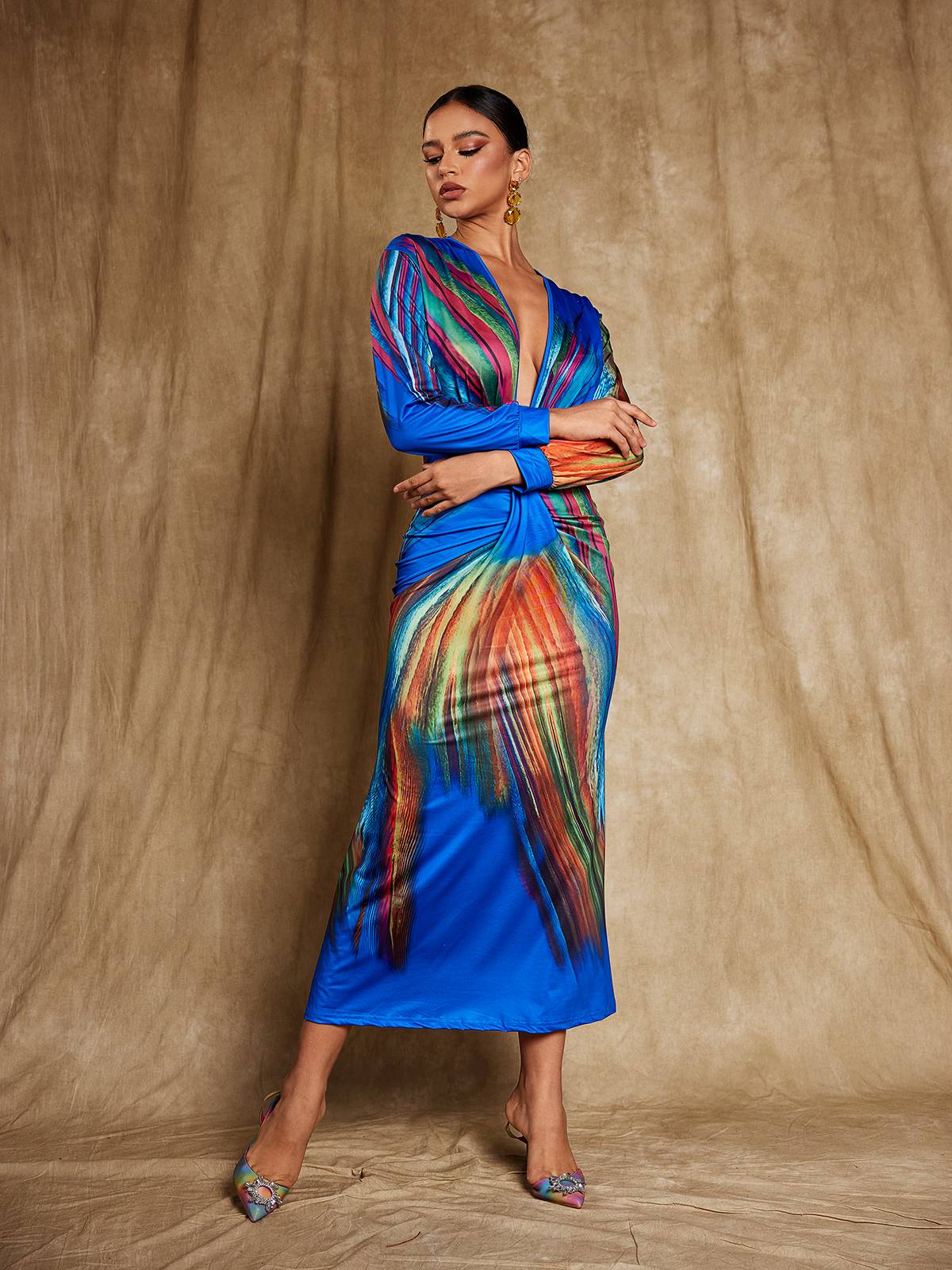 Suzanne Ress Suzanne V Neck Printed Satin Midi Dress – Mew Mews