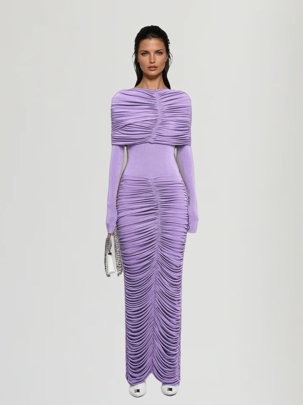 Syren Ruched Split Knitted Maxi Dress In Lilac
