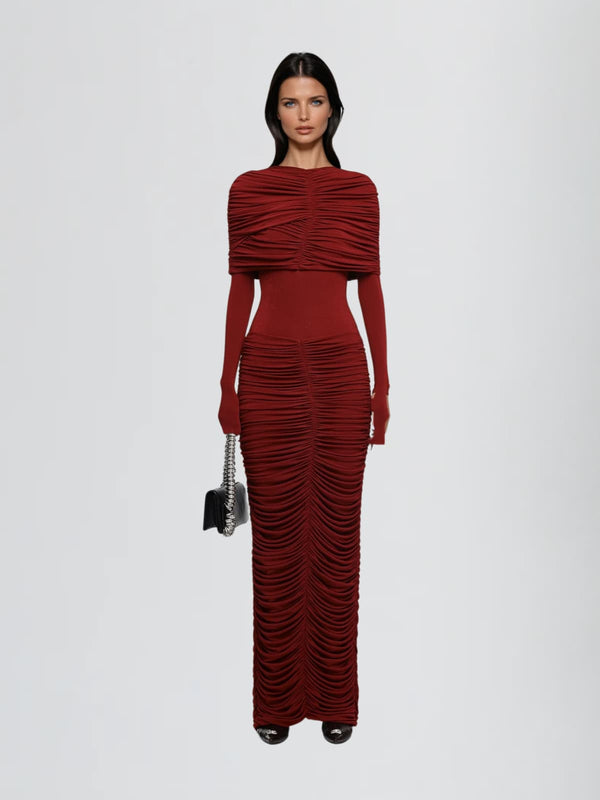Syren Ruched Split Knitted Maxi Dress In Wine