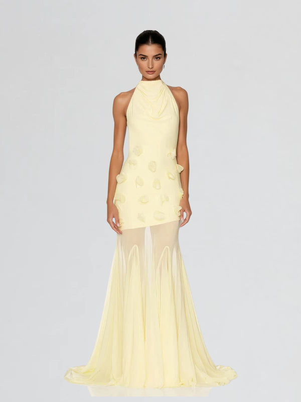 Taerix High Neck Mesh Flower Maxi Dress