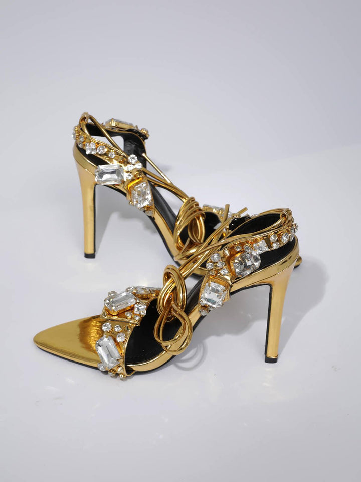 Tempest Crystal Lace Up Heels In Gold - Mew Mews