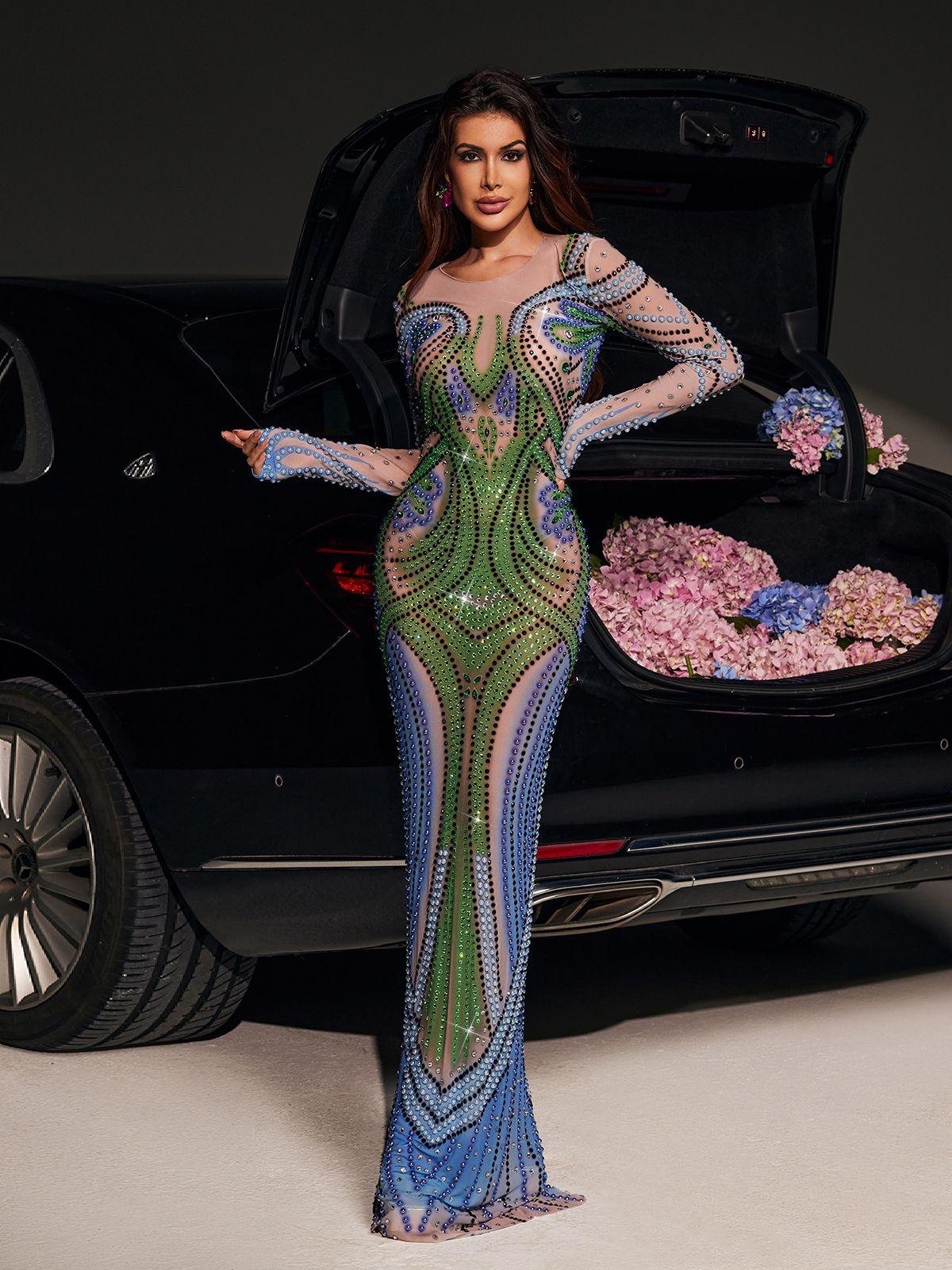 Thana Long Sleeve Rhinestone Maxi Dress Mew Mews