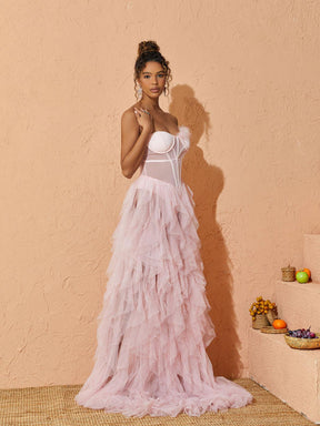 Titania One Shoulder Tulle Maxi Dress In Blush – Mew Mews Fashion
