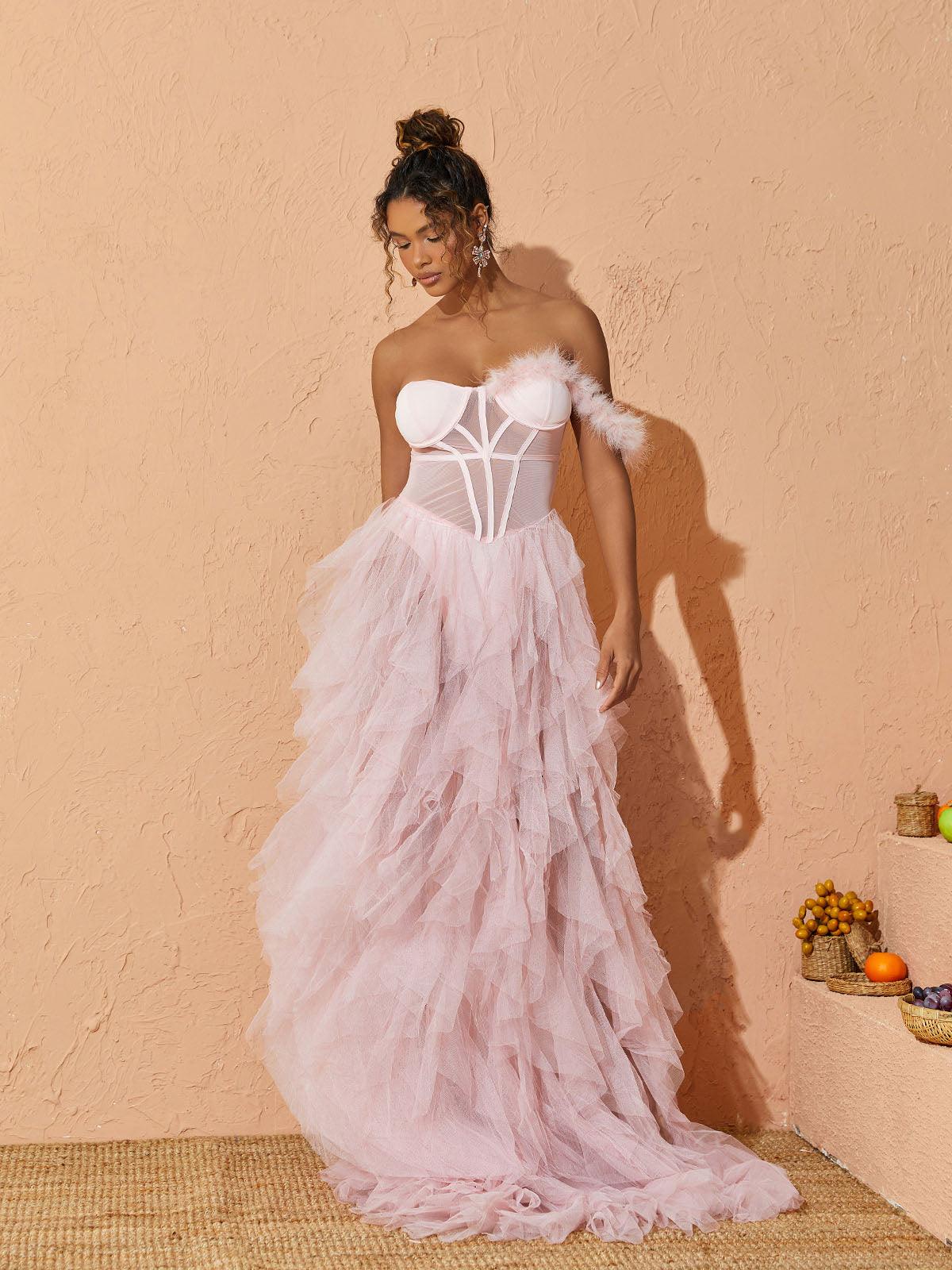 Titania One Shoulder Tulle Maxi Dress In Blush – Mew Mews Fashion