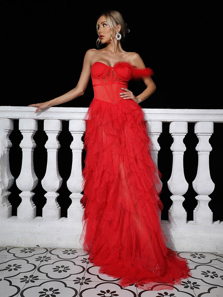 Titania One Shoulder Tulle Maxi Dress In Red - Mew Mews