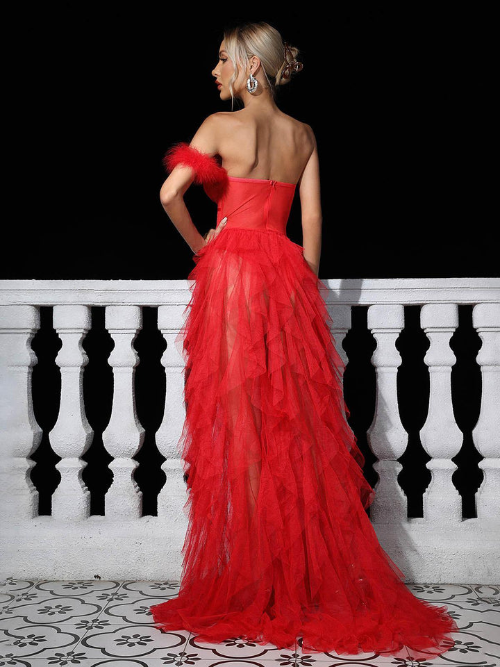 Titania One Shoulder Tulle Maxi Dress In Red - Mew Mews