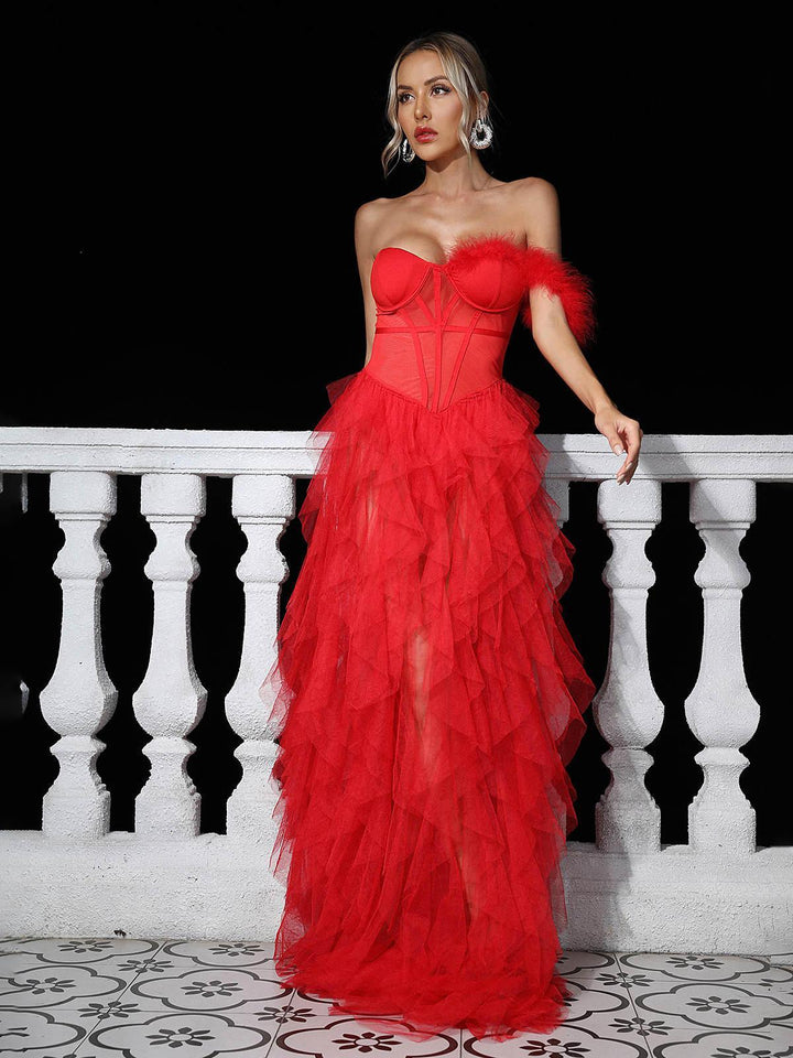 Titania One Shoulder Tulle Maxi Dress In Red - Mew Mews